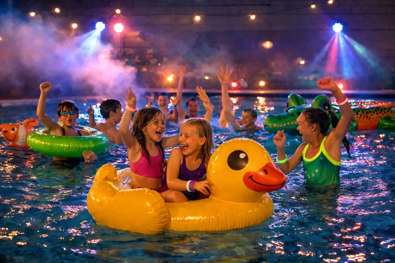 Splashing swim disco full of fun and energy for children Children partying in the pool with inflatable props and colorful lighting during a swim disco