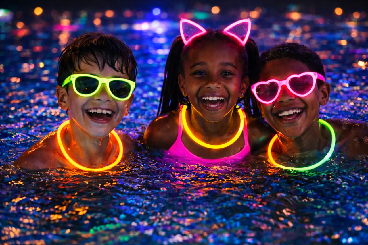 Swim disco full of color and fun for children Children in pool with neon glow accessories during swim disco