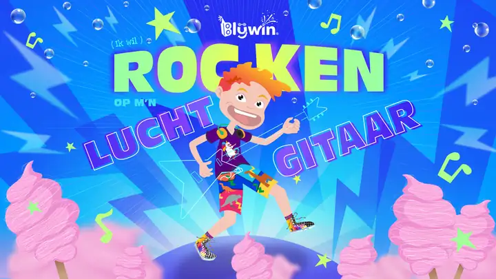 Illustratie van Blijwin® die luchtgitaar speelt bij Rocken op m’n Luchtgitaar