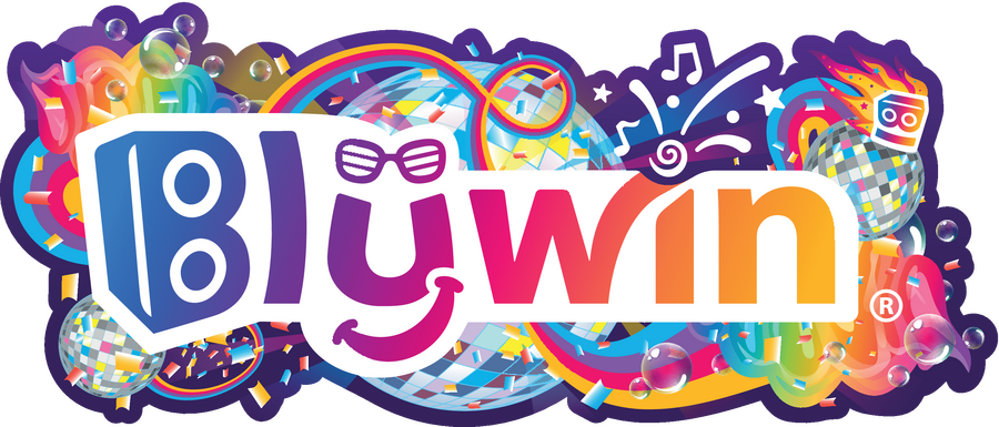 Feestelijk Blijwin® logo met discoballen, regenboog en confetti