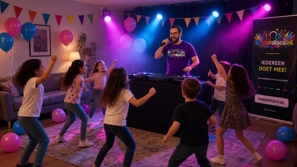 Kinderen en een DJ tijdens een discofeest thuis