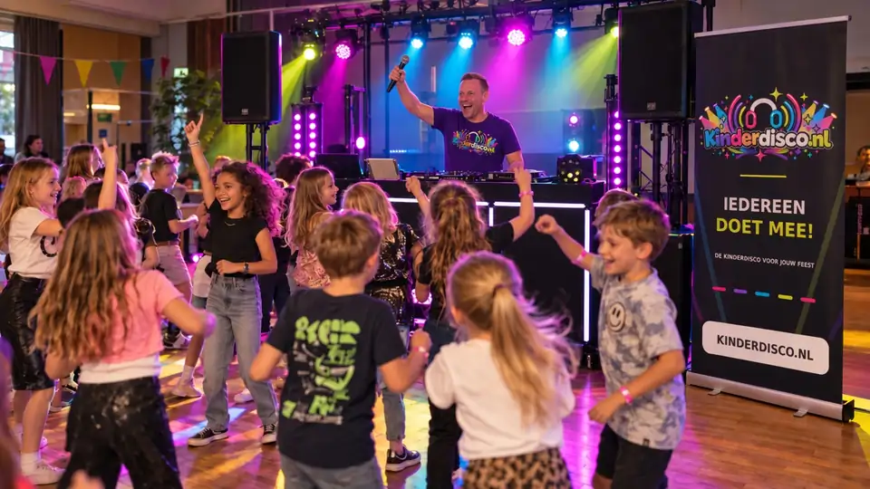 Een DJ en kinderen op een kleurrijke neon-dansvloer