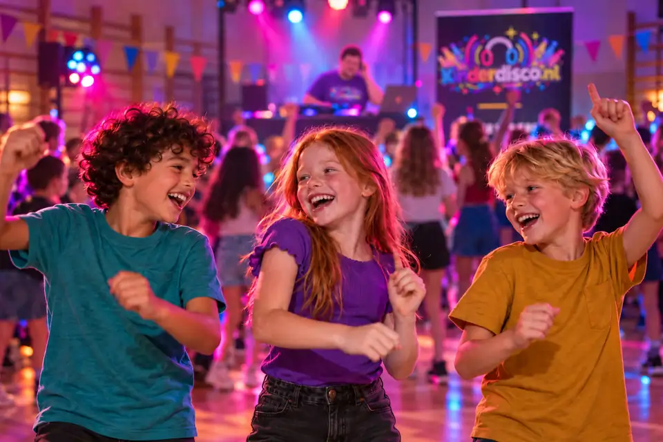 Kinderen dansen tijdens een schooldisco in een gymzaal