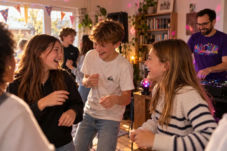 Groep 8-leerlingen lachen met DJ Jesse in een huiskamer