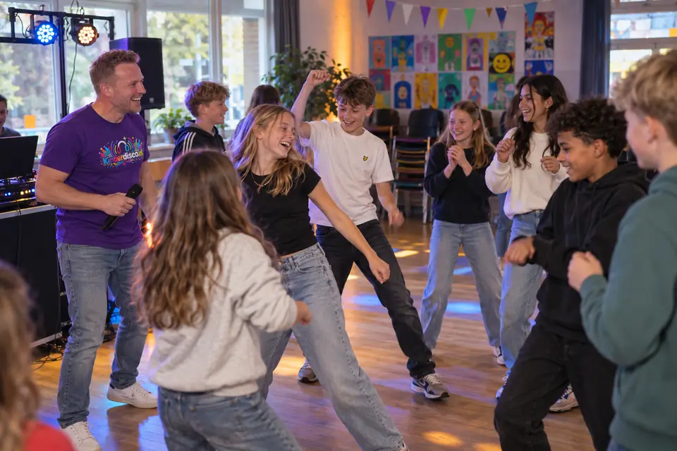 Groep 8-leerlingen dansen met DJ Dennis in de schoolaula